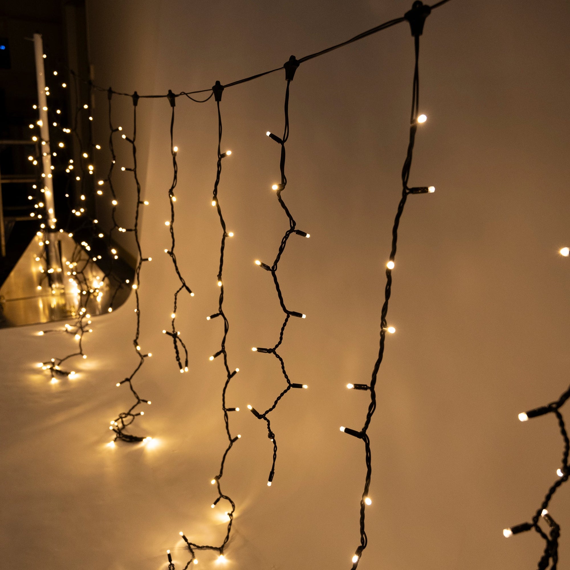 10m w 1m Drops Golden Warm White Icicle Fairy Lights - Self Pick-up - Event Fairy Light Hire Brisbane