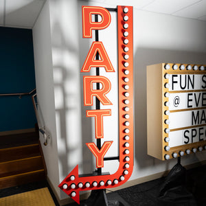 GIANT PARTY Sign w Left-Hand Arrow Neon/Bulb - Neon Sign Hire Brisbane