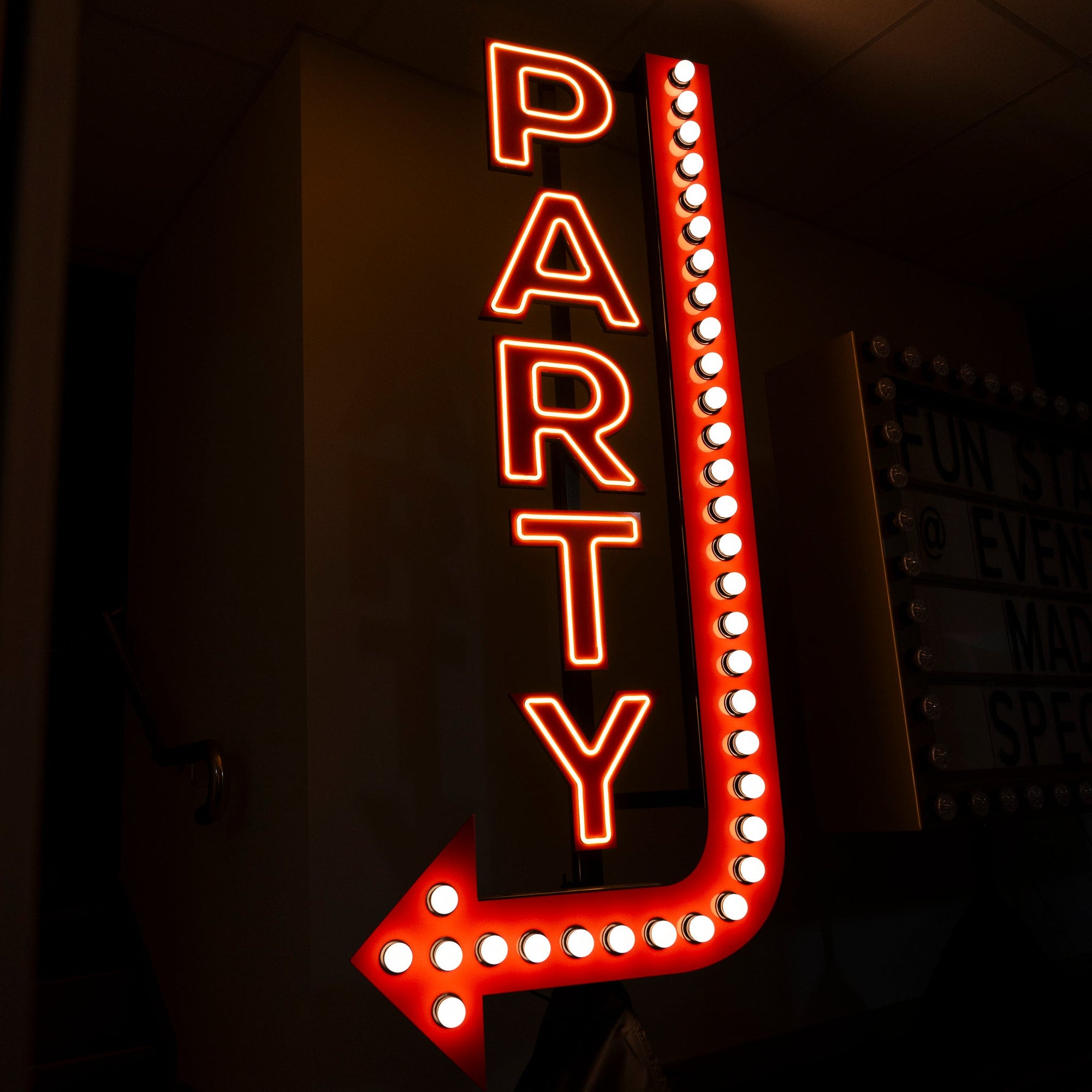 GIANT PARTY Sign w Left-Hand Arrow Neon/Bulb - Neon Sign Hire Brisbane