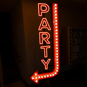 GIANT PARTY Sign w Left-Hand Arrow Neon/Bulb - Neon Sign Hire Brisbane