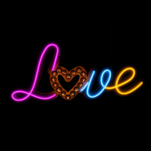 Multi Colour Neon Love Sign w Bulb Heart - Neon Sign Hire Brisbane