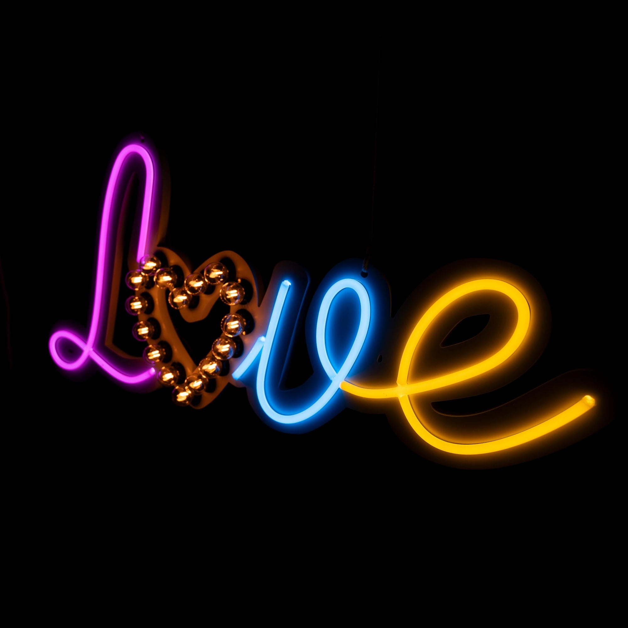 Multi Colour Neon Love Sign w Bulb Heart - Neon Sign Hire Brisbane